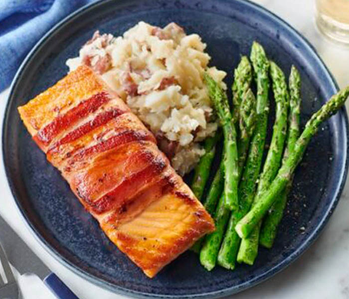 Bacon Wrapped Salmon with Smashed Potatoes