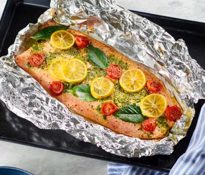 Salmon Fillet Baked in Foil with Meyer Lemon and Pesto