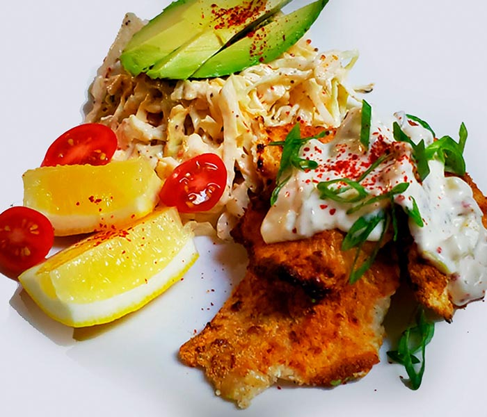 Air-Fried Basa with Creamy Coleslaw and Spicy Tartar Sauce (Keto)